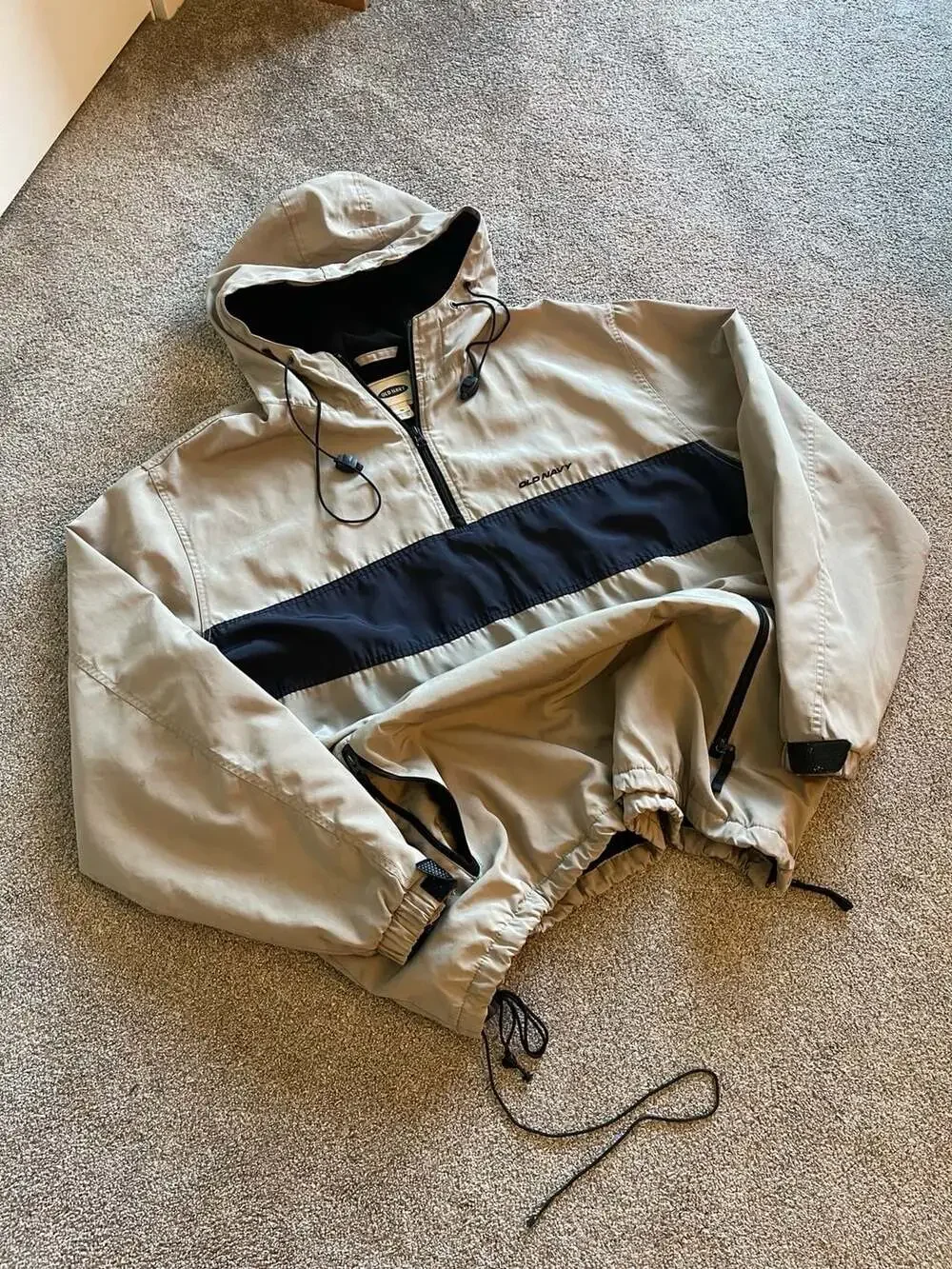Old Navy Vintage 1/4 Zip Hooded Windbreaker Pullover Tan Black Stripe XXL
